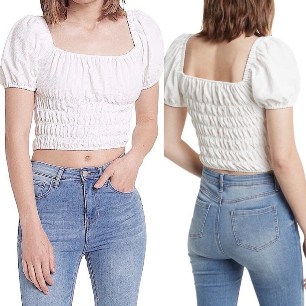 Elodie Womens Smocked‎ Puff Sleeve Crop Top M Cream Coquette Cottage Milkmaid